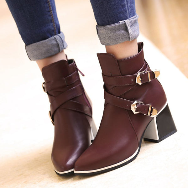 Buckles Ankle High Heels Western Boots
