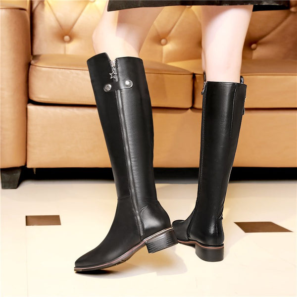 knee high genuine leather square heels riding boots