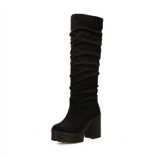 Round Toe Knee Square High Heel Boots