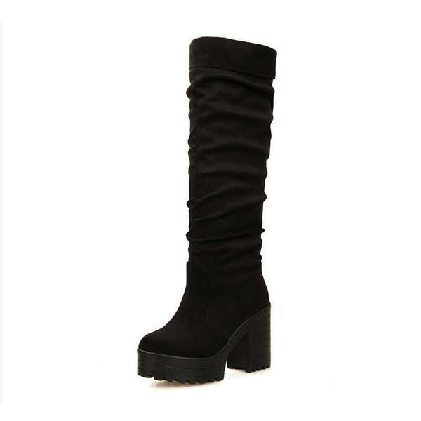 Round Toe Knee Square High Heel Boots
