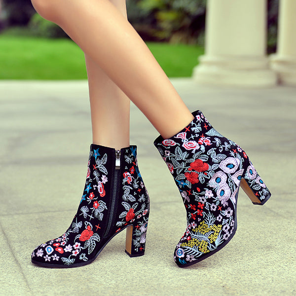 Flowers Embroidery Ankle Boots