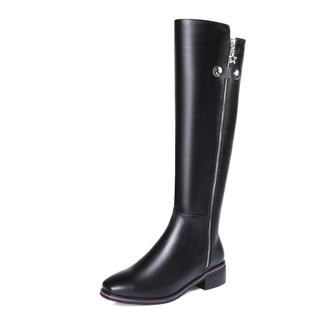 knee high genuine leather square heels riding boots