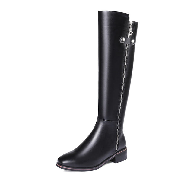 knee high genuine leather square heels riding boots