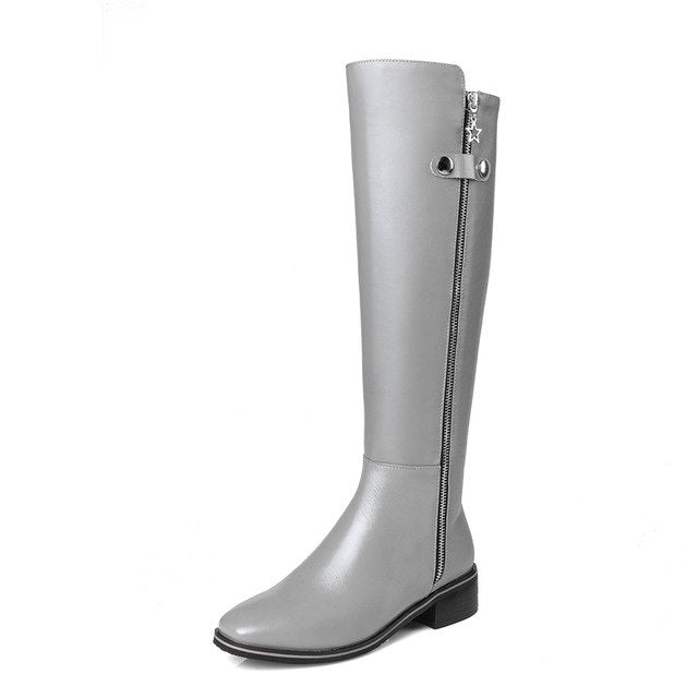 knee high genuine leather square heels riding boots