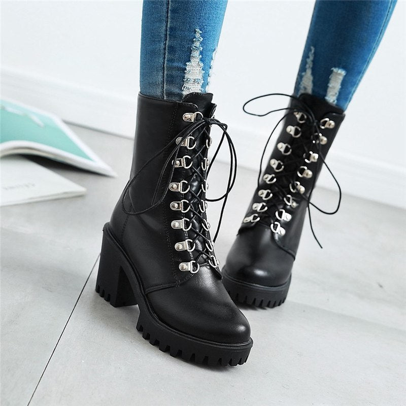 Square High Heels mid-calf Boots Winter