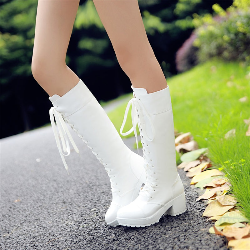 Black Square Heels Knee High Boots