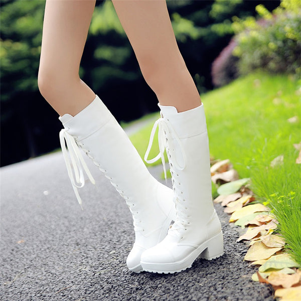 Black Square Heels Knee High Boots