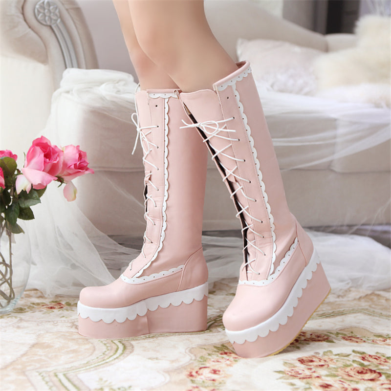 patchwork wedge high heel lace up boots