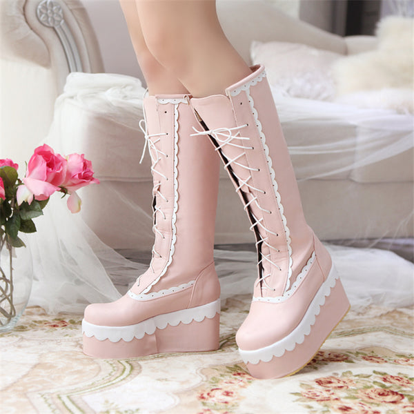patchwork wedge high heel lace up boots