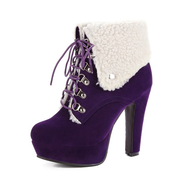 Vintage Warm Fur High Heels Ankle Boots Winter
