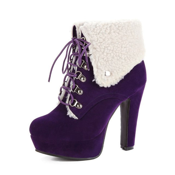 Vintage Warm Fur High Heels Ankle Boots Winter