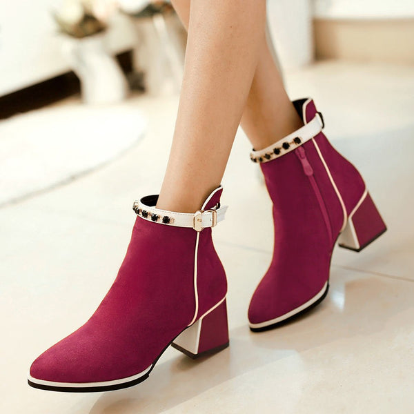 Western Square High Heels Winter Ankle Boots