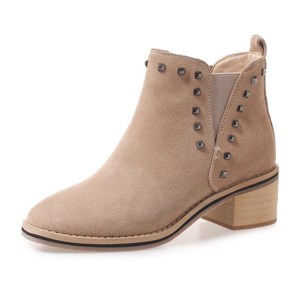 Cow Suede leather Ankle boots Woman Rivet Heels